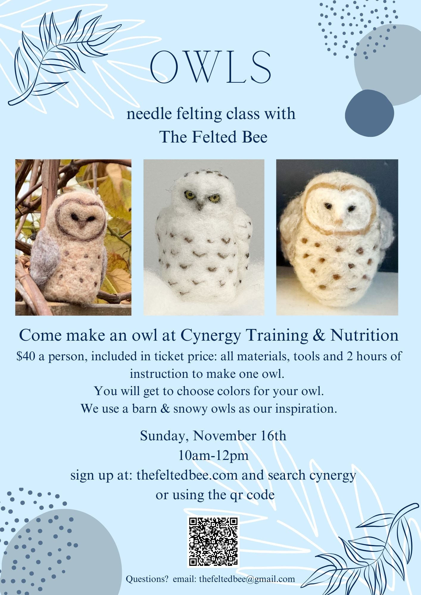 Owl Needle Felting Class @ Cynergy Training & Nutrition